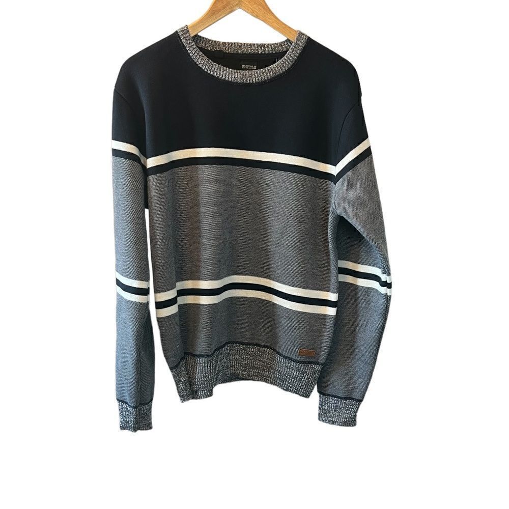 MENS BUFFALO Striped Blue & Grey Pullover Knit Sweat Shirt M